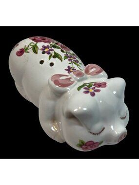 Vintage Ceramic Pig Figurine with Hand-Painted Floral Design and Bow Floral Arom